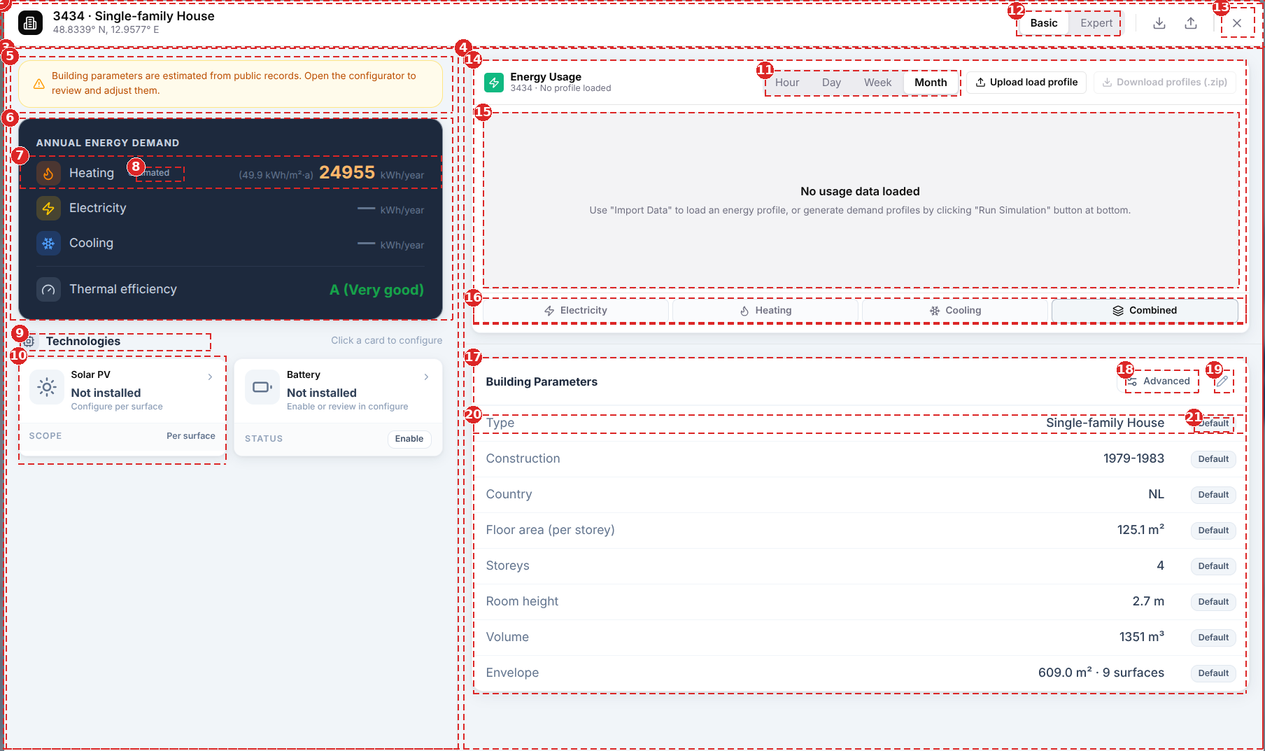 Overview layer annotated with numbered UI regions